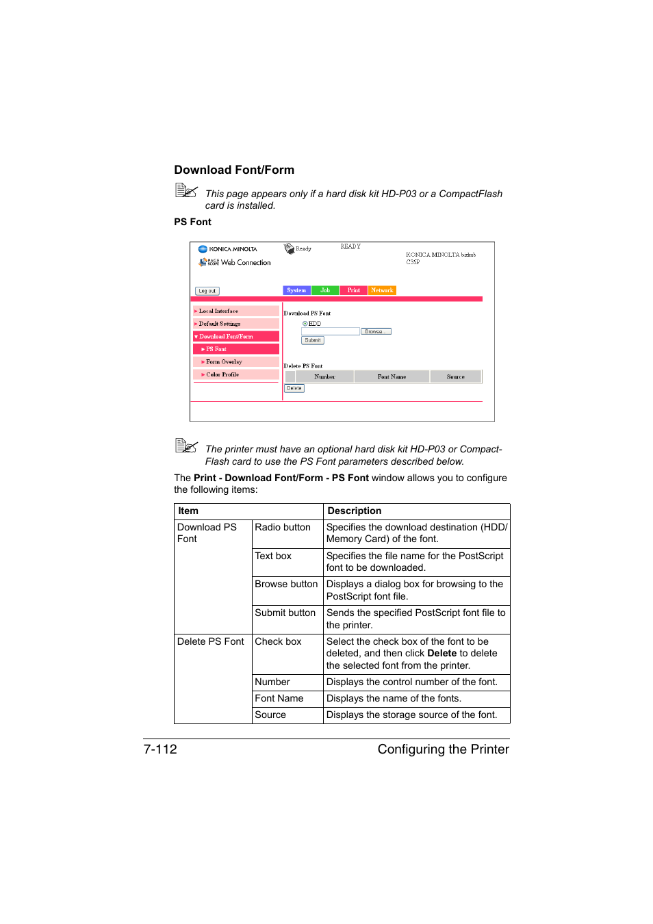 Download font/form, Download font/form -112, Configuring the printer 7-112 | Konica Minolta bizhub C35P User Manual | Page 331 / 409