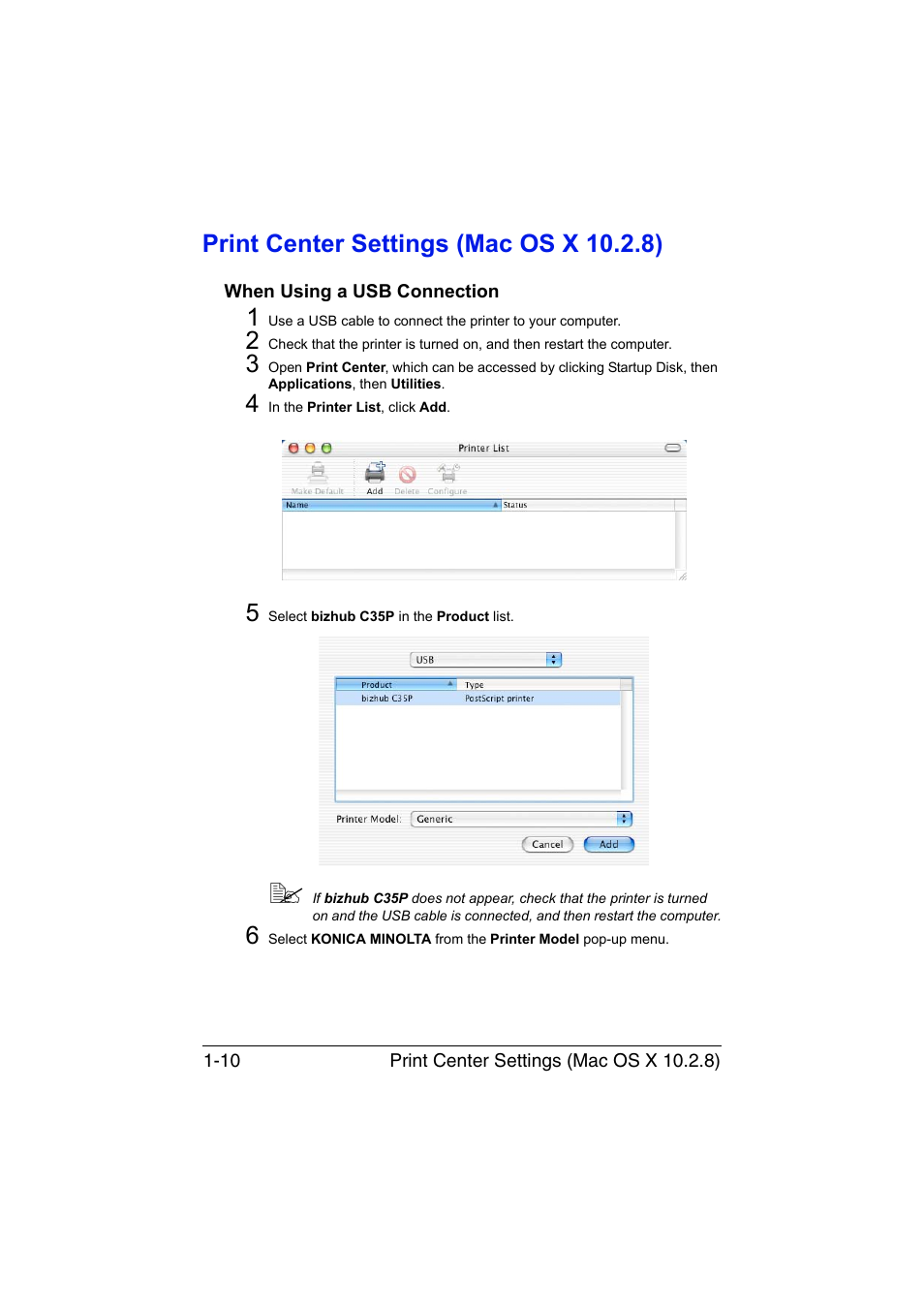 Print center settings (mac os x 10.2.8), When using a usb connection, Print center settings (mac os x 10.2.8) -10 | When using a usb connection -10 | Konica Minolta bizhub C35P User Manual | Page 35 / 409