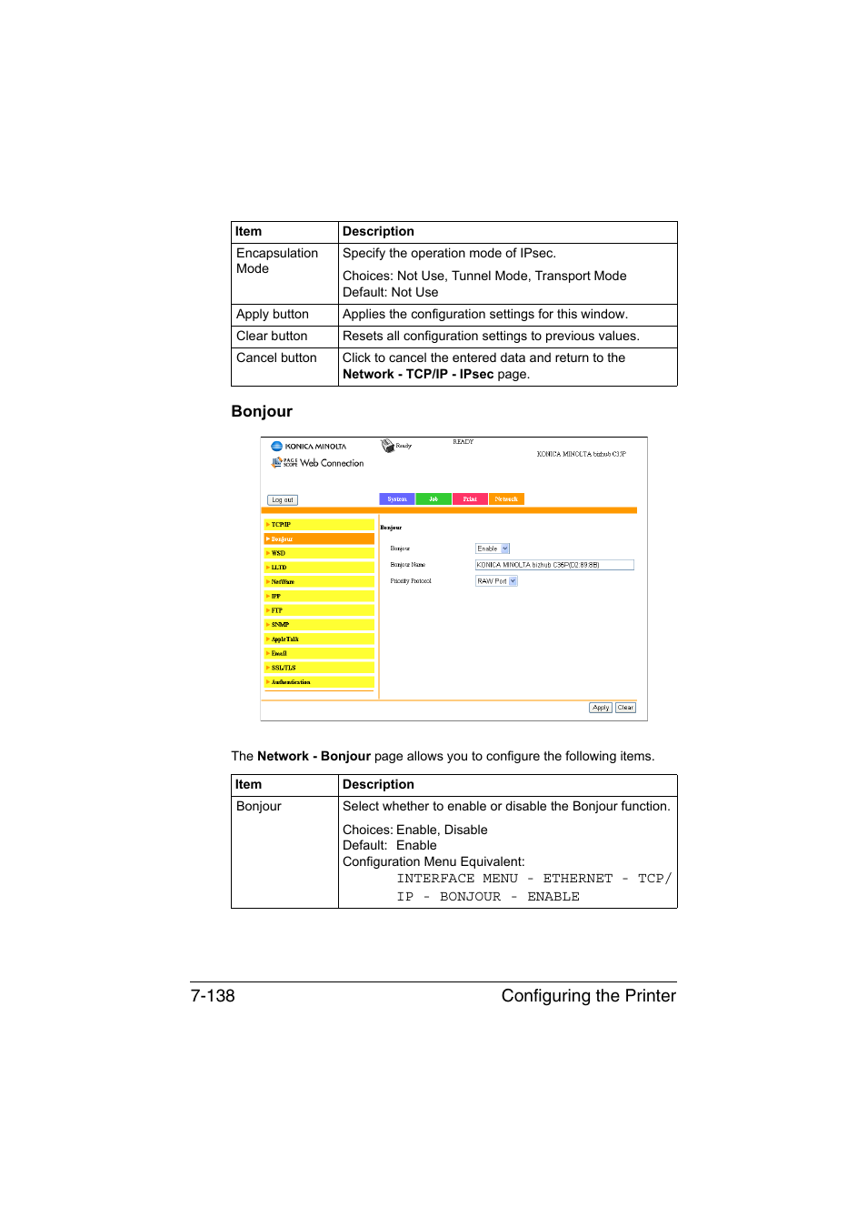 Bonjour, Bonjour -138, Configuring the printer 7-138 | Konica Minolta bizhub C35P User Manual | Page 357 / 409