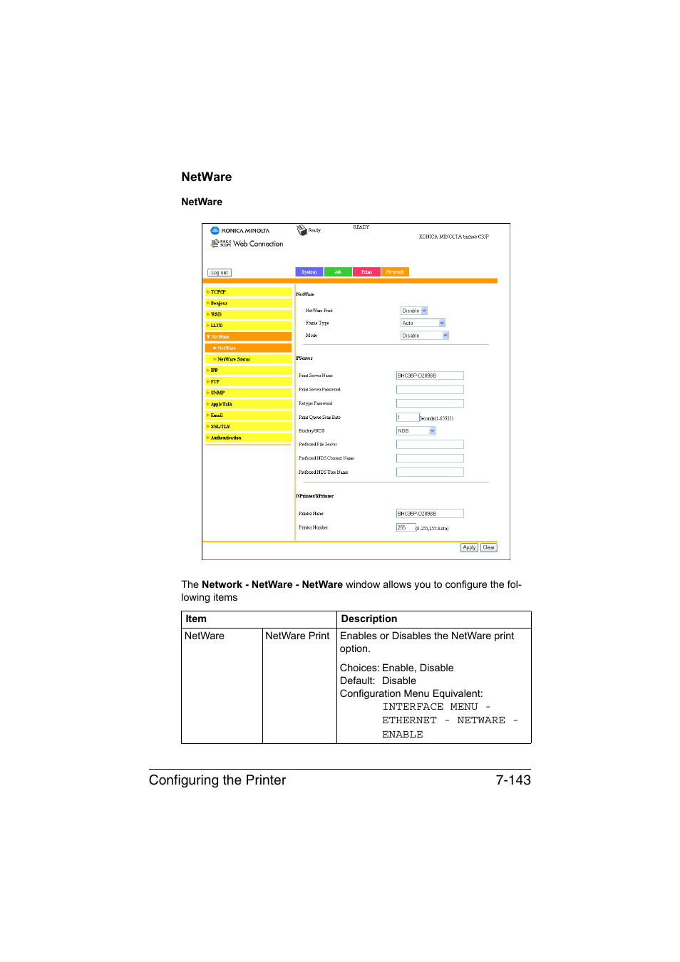 Netware, Netware -143, Configuring the printer 7-143 | Konica Minolta bizhub C35P User Manual | Page 362 / 409