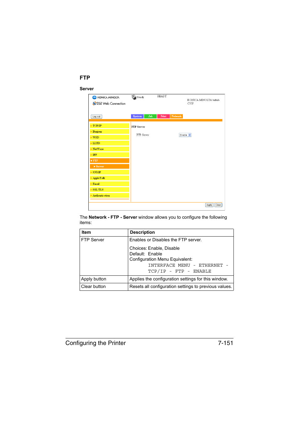 Ftp -151, Configuring the printer 7-151 | Konica Minolta bizhub C35P User Manual | Page 370 / 409