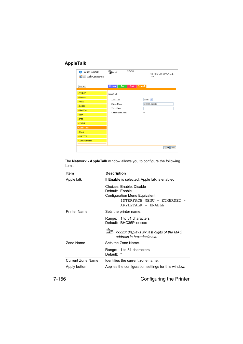 Appletalk, Appletalk -156, Configuring the printer 7-156 | Konica Minolta bizhub C35P User Manual | Page 375 / 409