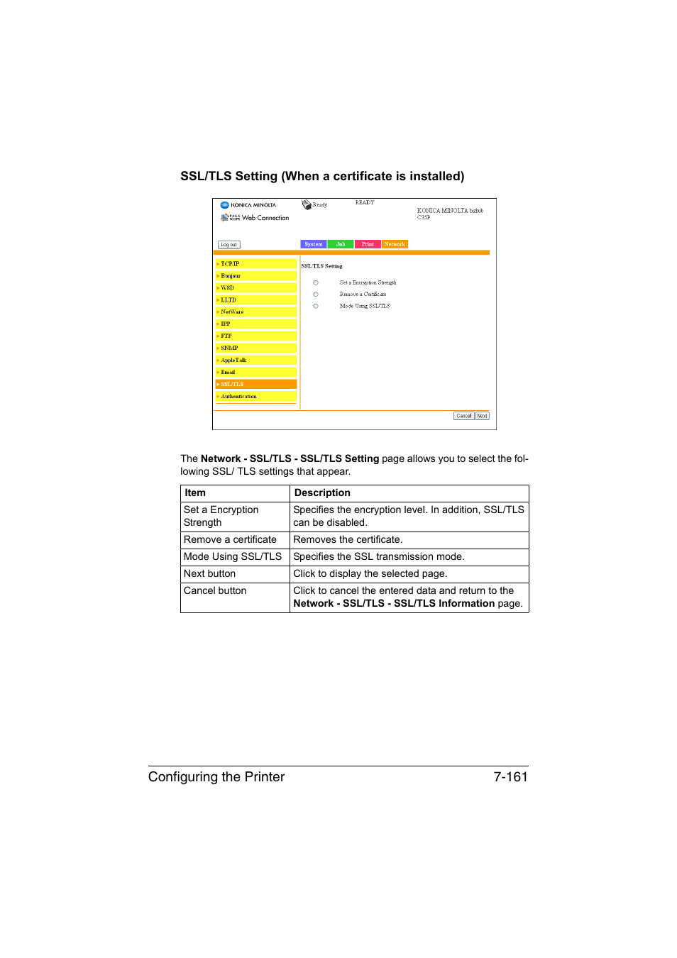 Ssl/tls setting (when a certificate is installed), Configuring the printer 7-161 | Konica Minolta bizhub C35P User Manual | Page 380 / 409