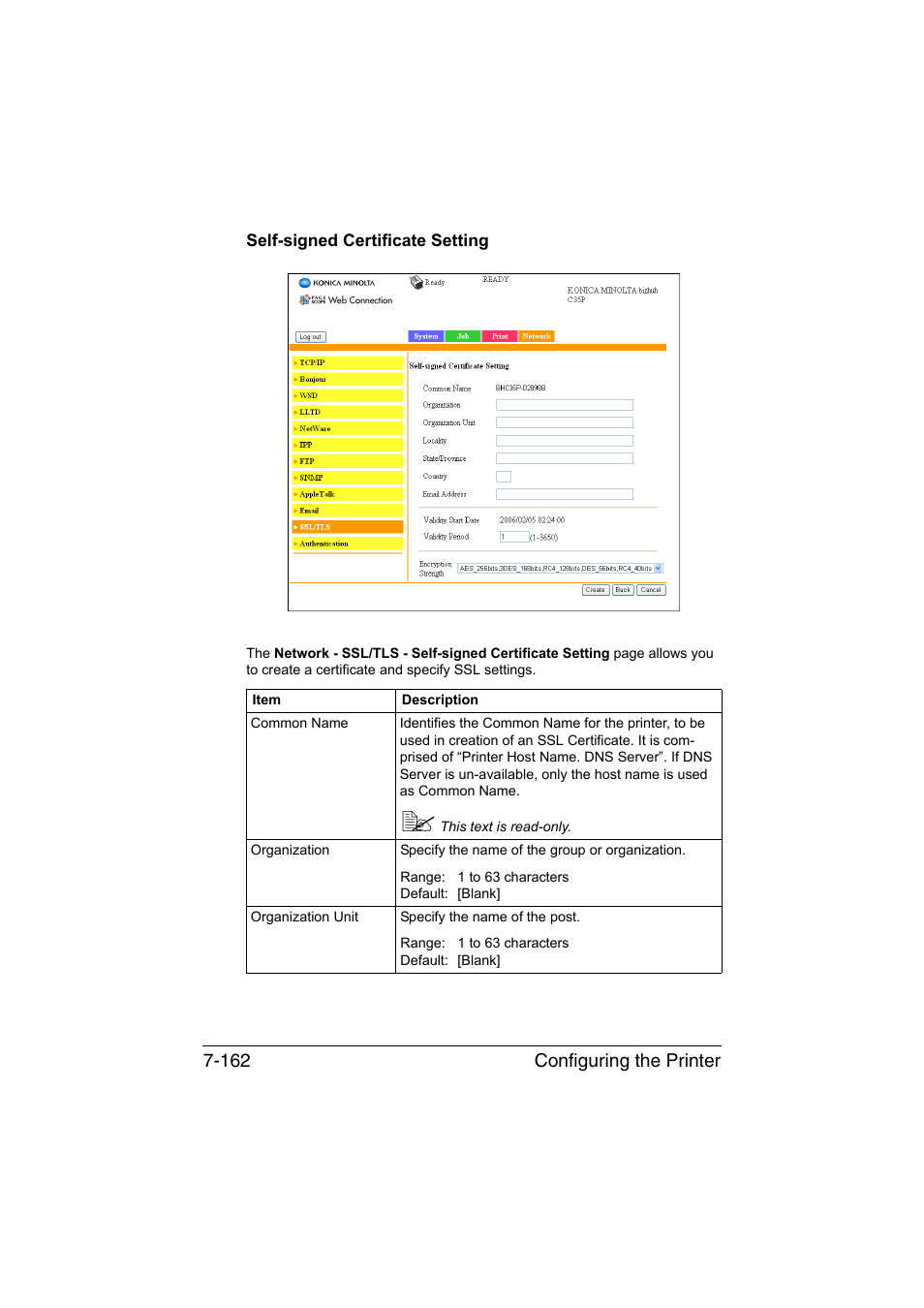 Self-signed certificate setting, Self-signed certificate setting -162 | Konica Minolta bizhub C35P User Manual | Page 381 / 409