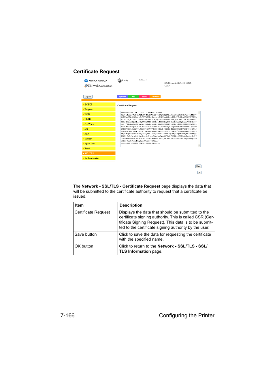 Certificate request, Certificate request -166, Configuring the printer 7-166 | Konica Minolta bizhub C35P User Manual | Page 385 / 409