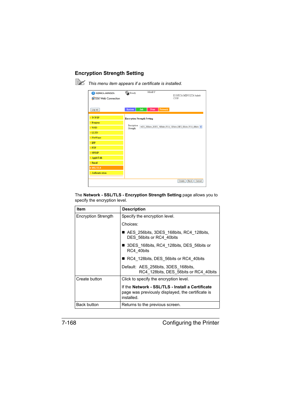 Encryption strength setting, Encryption strength setting -168, Configuring the printer 7-168 | Konica Minolta bizhub C35P User Manual | Page 387 / 409