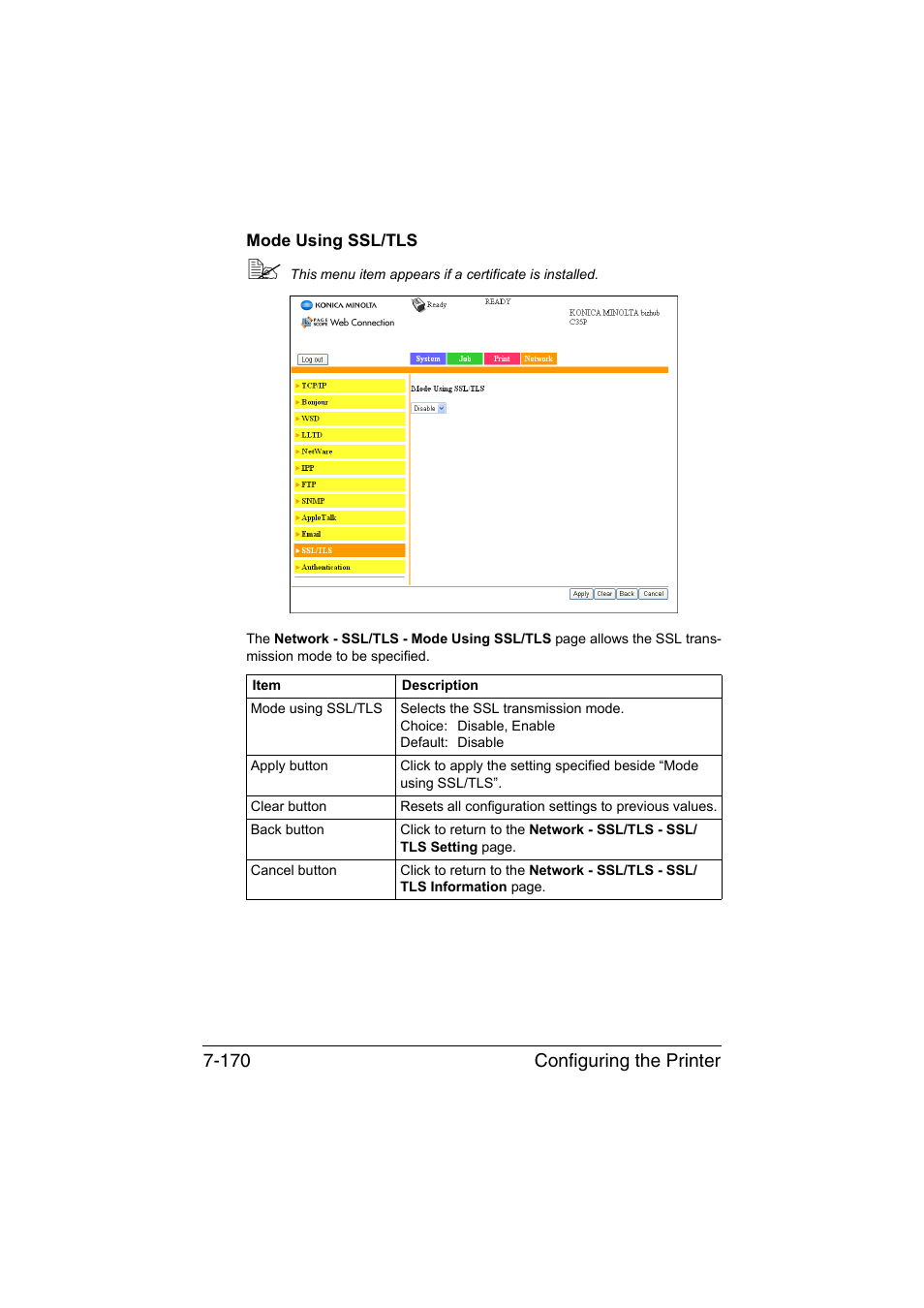 Mode using ssl/tls, Mode using ssl/tls -170, Configuring the printer 7-170 | Konica Minolta bizhub C35P User Manual | Page 389 / 409
