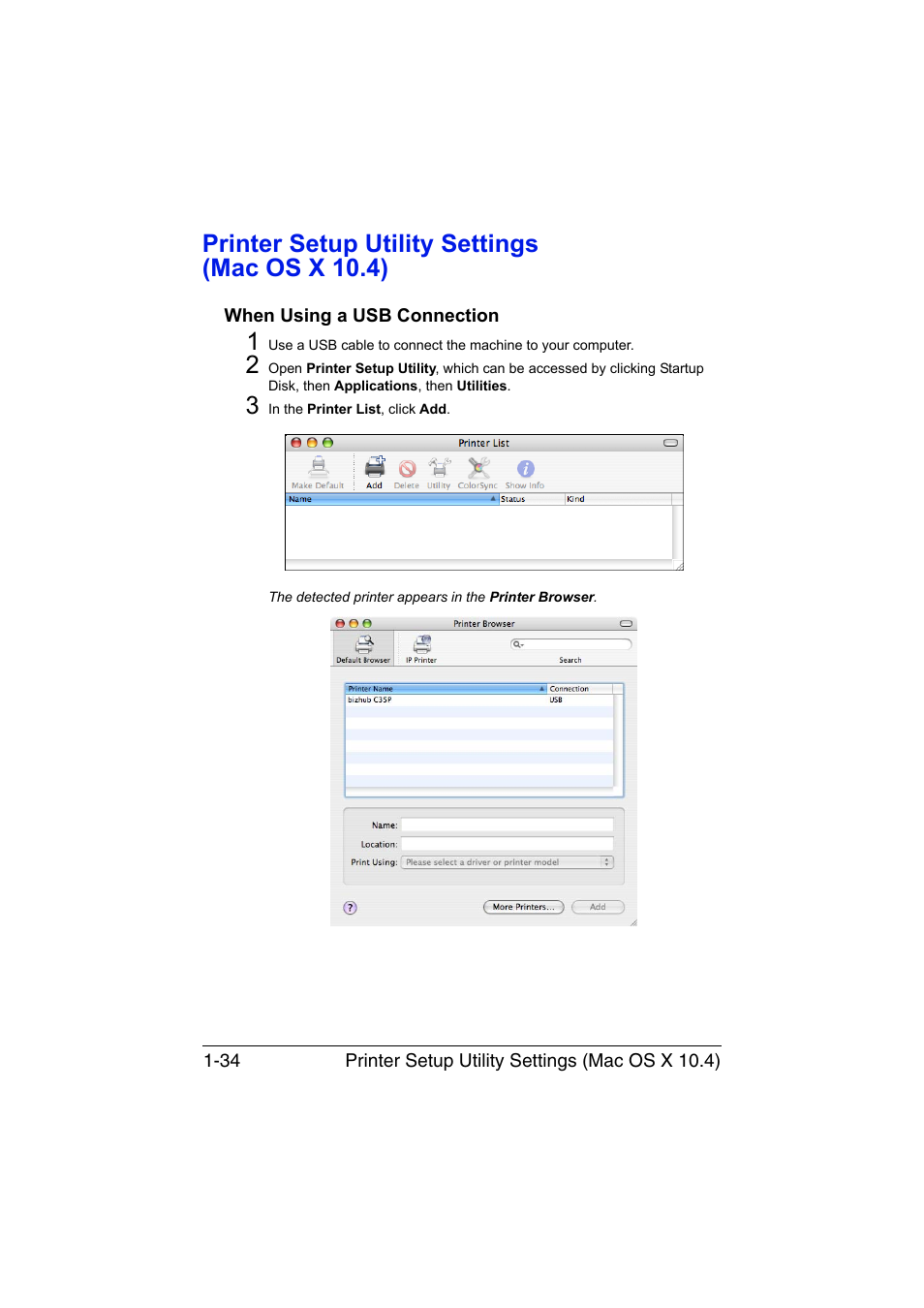 Printer setup utility settings (mac os x 10.4), When using a usb connection, Printer setup utility settings (mac os x 10.4) -34 | When using a usb connection -34 | Konica Minolta bizhub C35P User Manual | Page 59 / 409