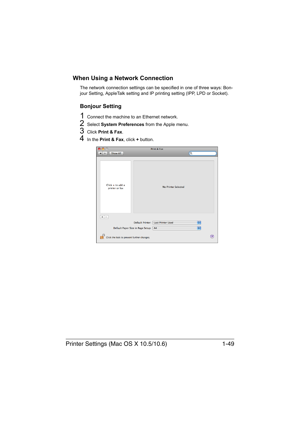 When using a network connection, Bonjour setting, When using a network connection -49 | Bonjour setting -49 | Konica Minolta bizhub C35P User Manual | Page 74 / 409