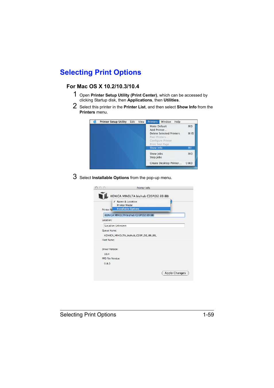 Selecting print options, For mac os x 10.2/10.3/10.4, Selecting print options -59 | For mac os x 10.2/10.3/10.4 -59 | Konica Minolta bizhub C35P User Manual | Page 84 / 409