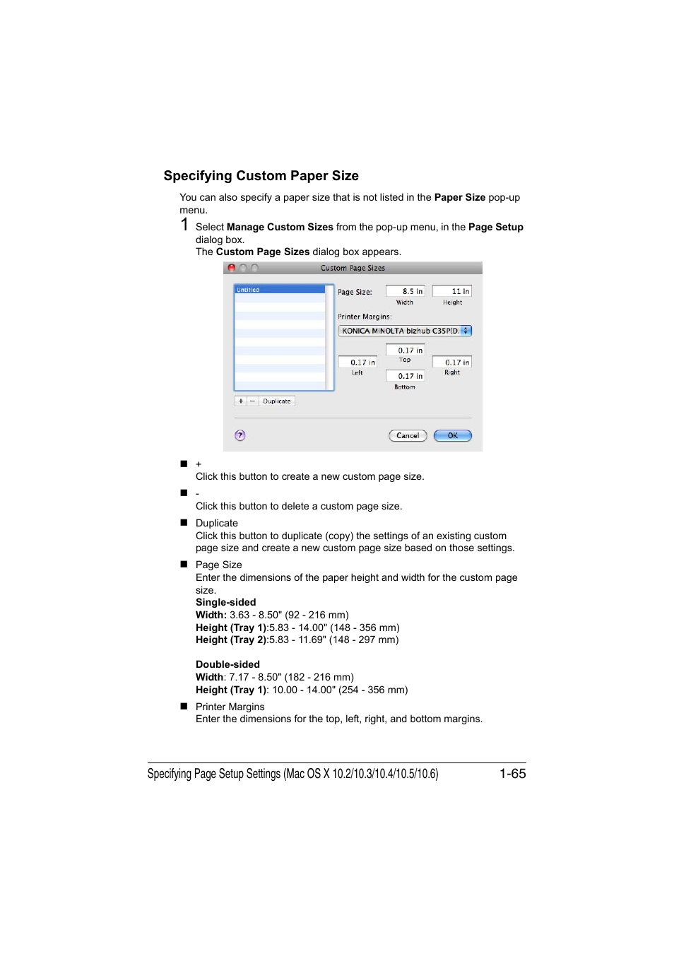 Specifying custom paper size, Specifying custom paper size -65 | Konica Minolta bizhub C35P User Manual | Page 90 / 409