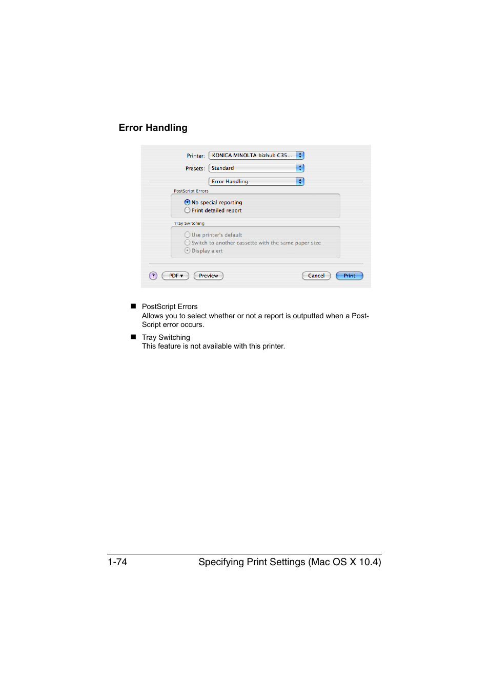 Error handling, Error handling -74 | Konica Minolta bizhub C35P User Manual | Page 99 / 409