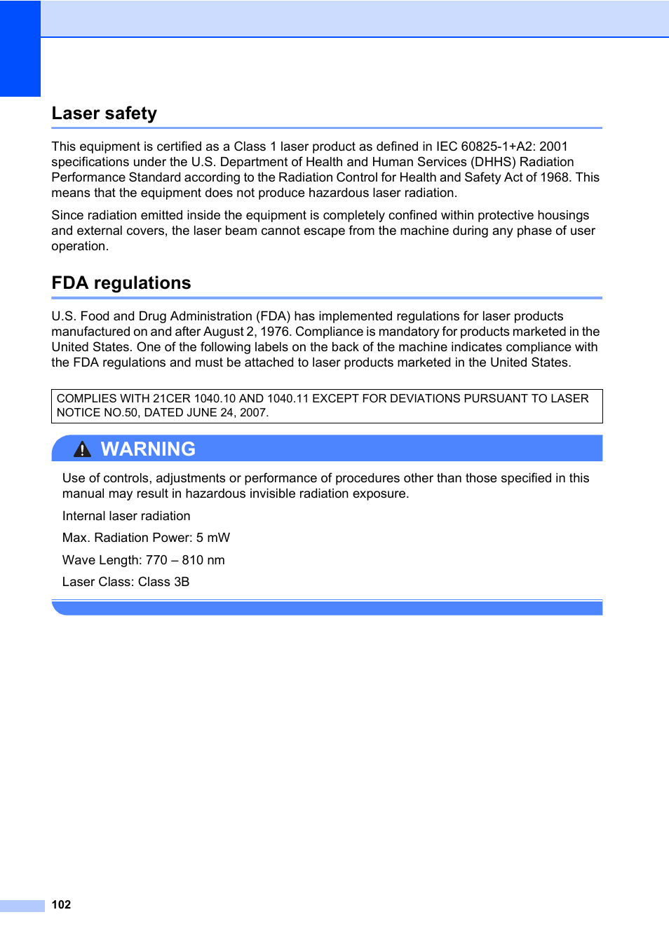 Laser safety, Fda regulations, Laser safety fda regulations | Warning | Konica Minolta bizhub 20 User Manual | Page 111 / 203