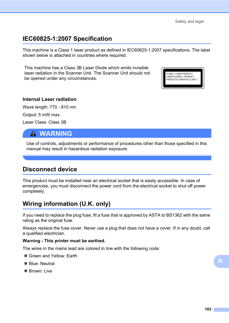 Iec60825-1:2007 specification, Disconnect device, Wiring information (u.k. only) | Warning, Internal laser radiation | Konica Minolta bizhub 20 User Manual | Page 112 / 203