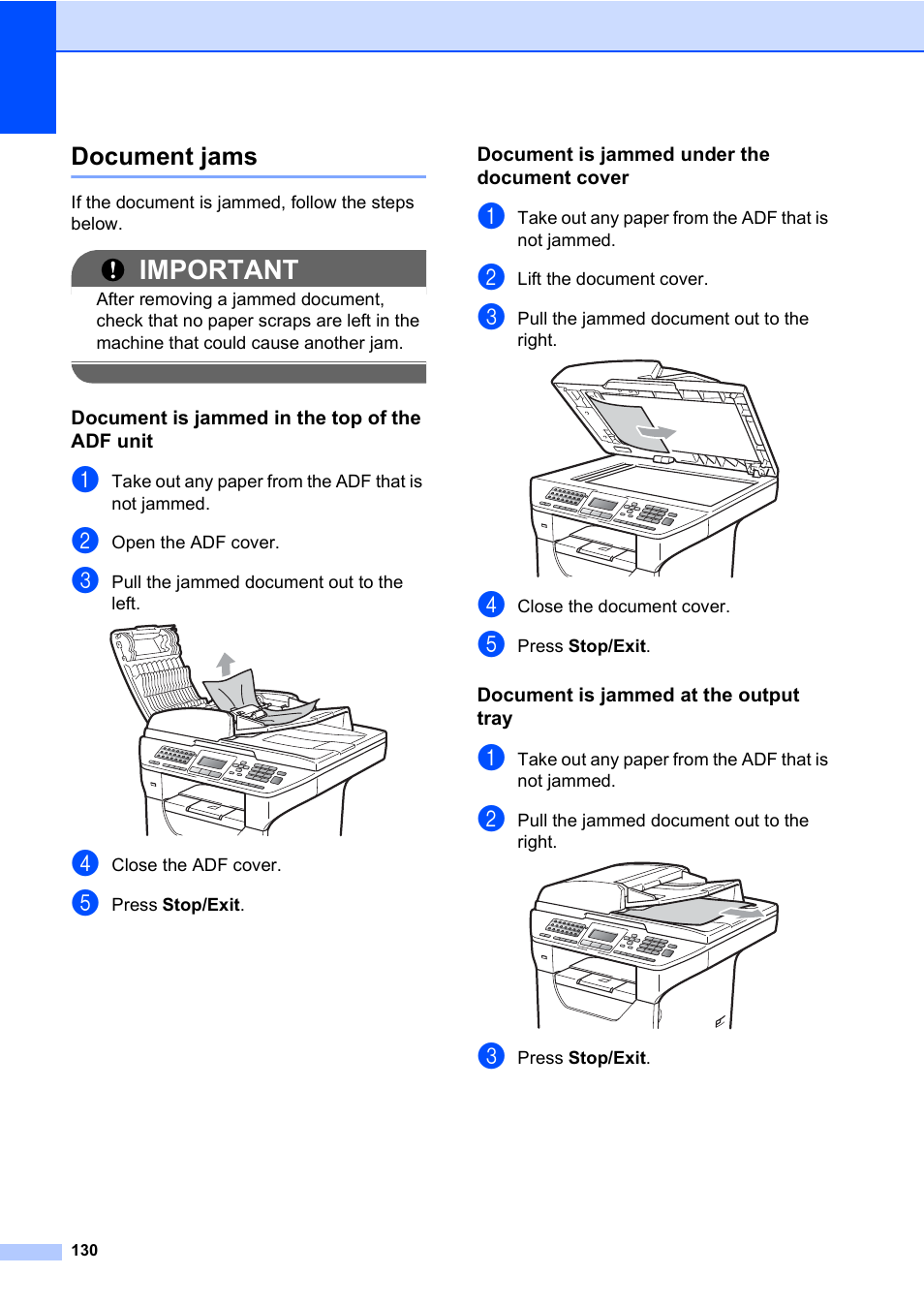 Document jams, Important | Konica Minolta bizhub 20 User Manual | Page 139 / 203