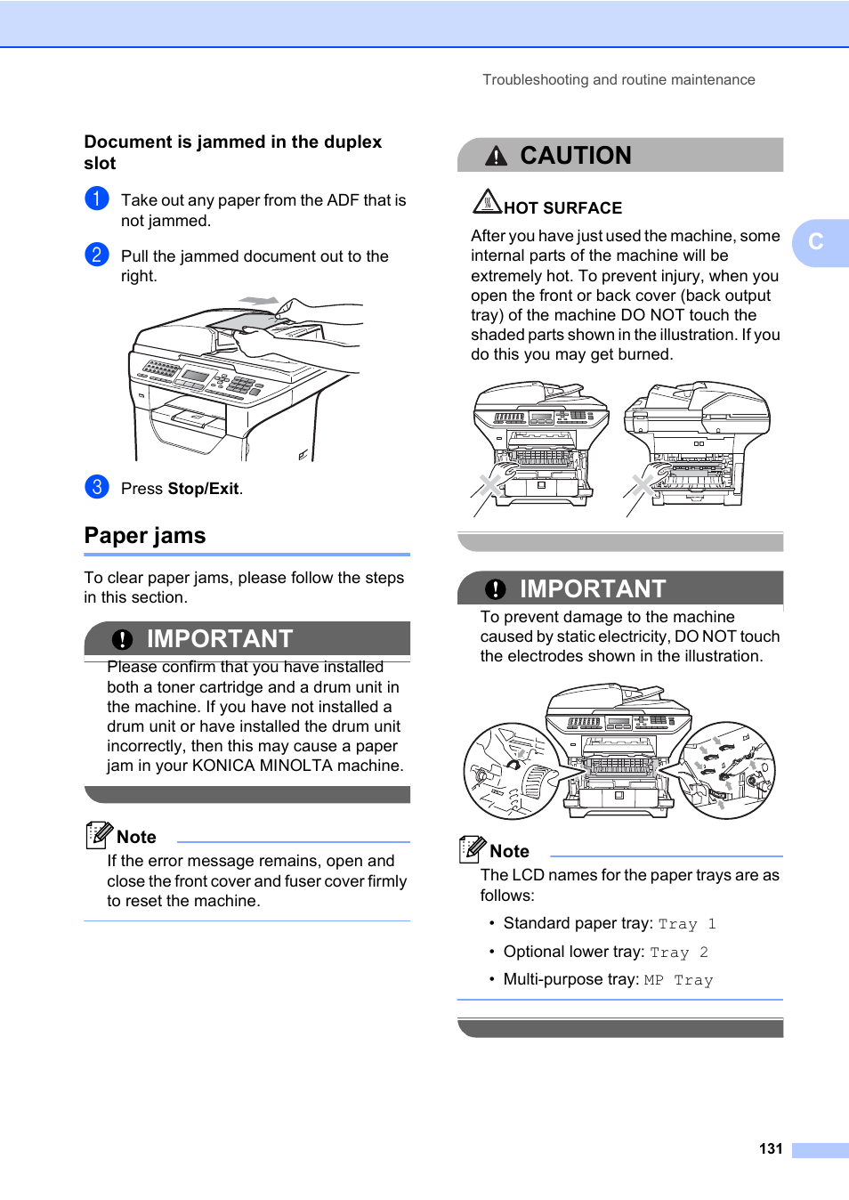 Paper jams, Important, Caution | Document is jammed in the duplex slot | Konica Minolta bizhub 20 User Manual | Page 140 / 203