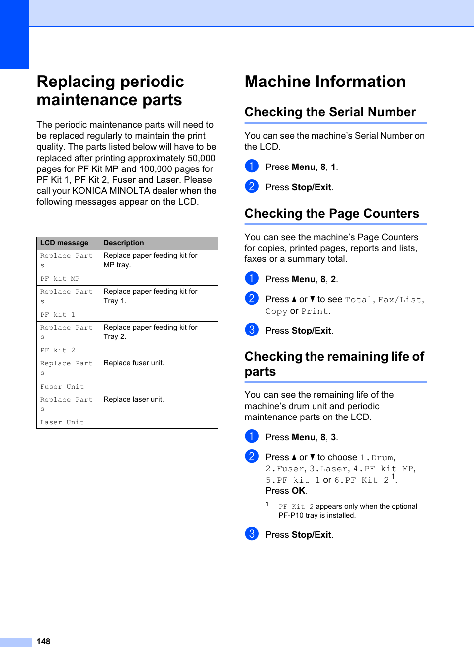 Replacing periodic maintenance parts, Machine information, Checking the serial number | Checking the remaining life of parts, Checking the page counters | Konica Minolta bizhub 20 User Manual | Page 157 / 203