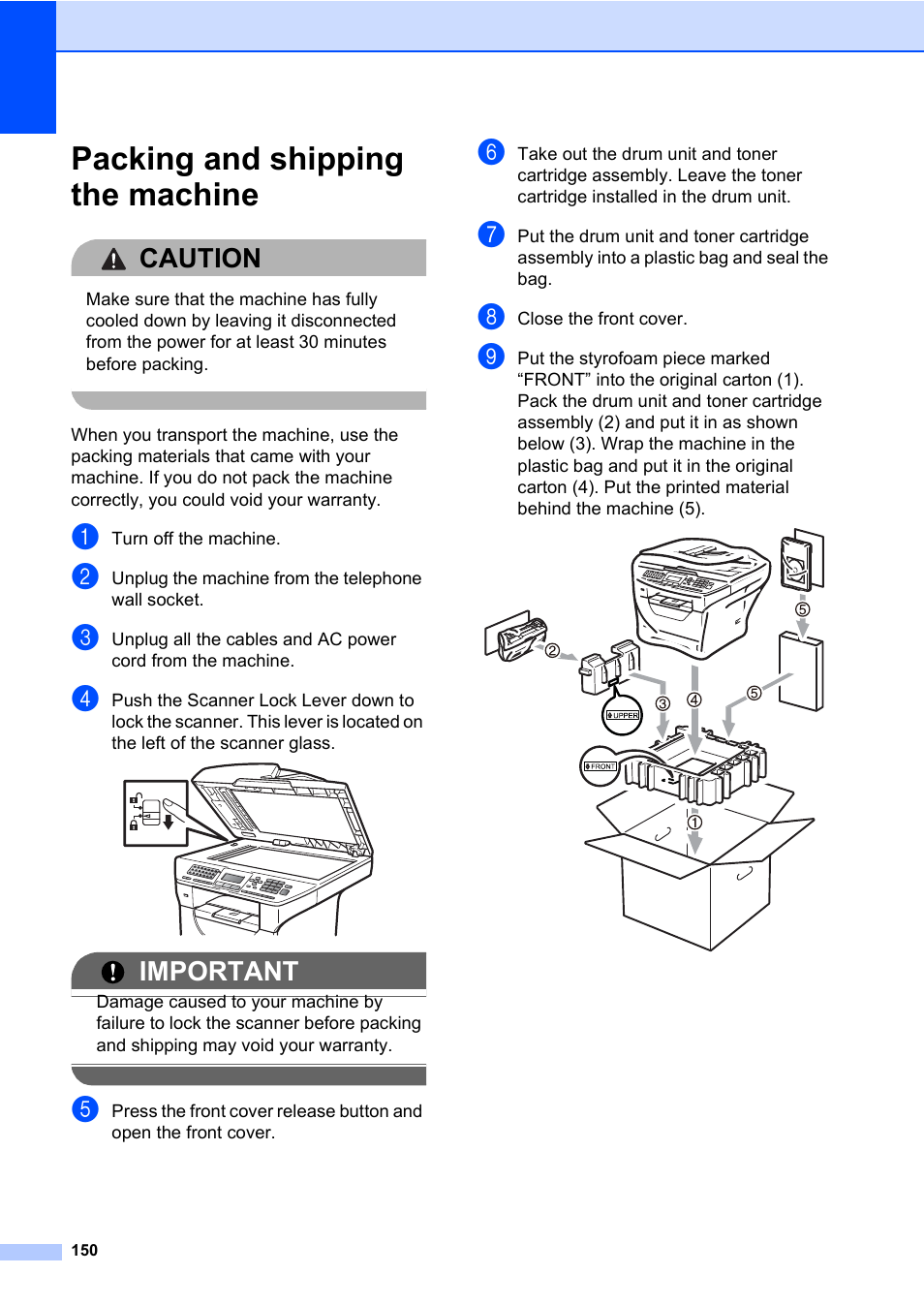 Packing and shipping the machine, Caution, Important | Konica Minolta bizhub 20 User Manual | Page 159 / 203