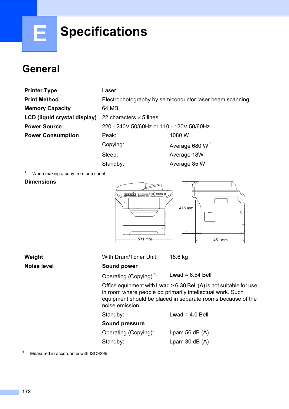 E specifications, General, Specifications | Konica Minolta bizhub 20 User Manual | Page 181 / 203