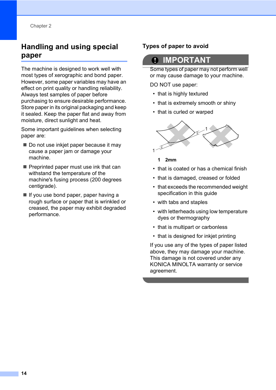 Handling and using special paper, Important, Types of paper to avoid | Konica Minolta bizhub 20 User Manual | Page 23 / 203