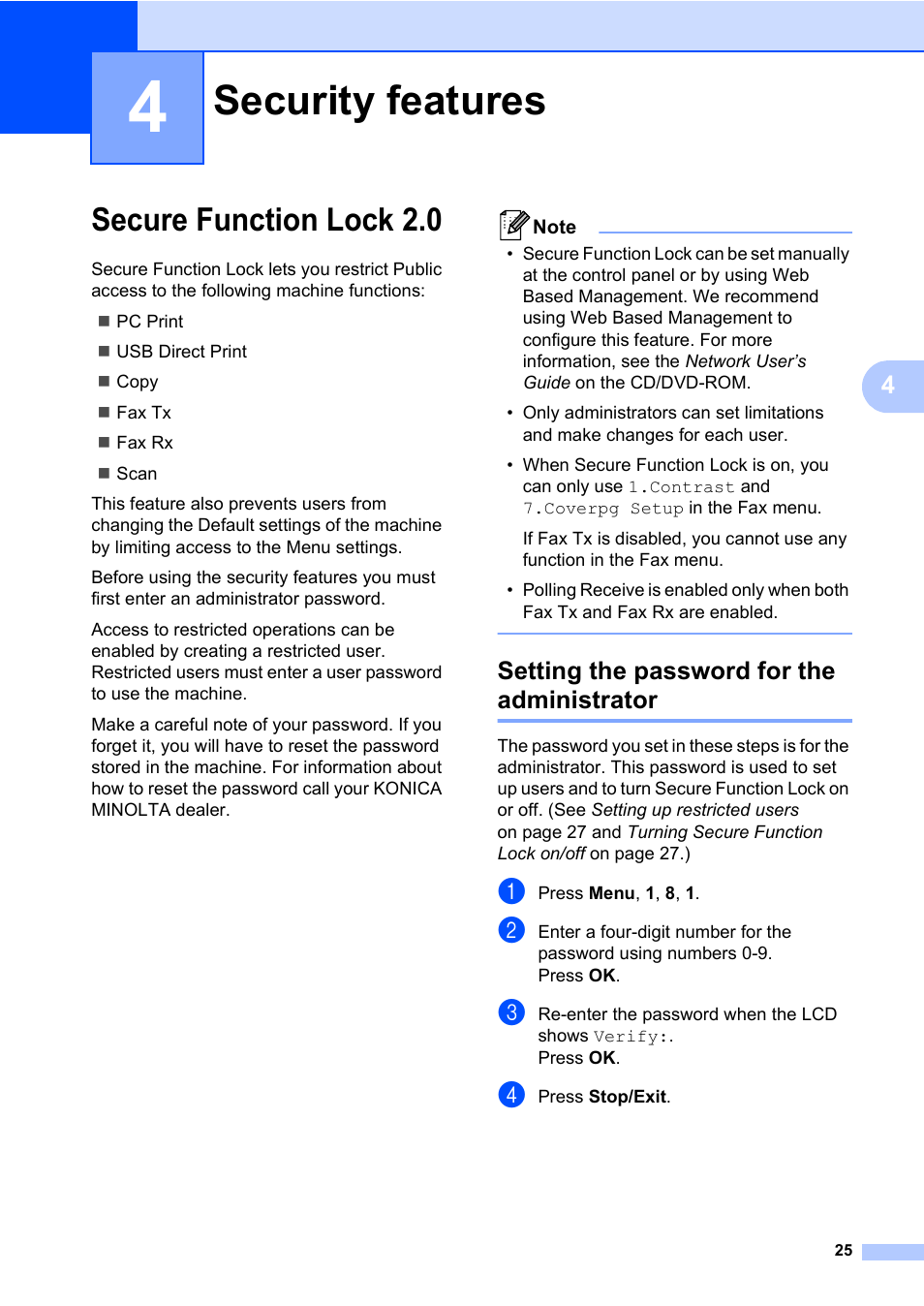 4 security features, Secure function lock 2.0, Setting the password for the administrator | Security features | Konica Minolta bizhub 20 User Manual | Page 34 / 203