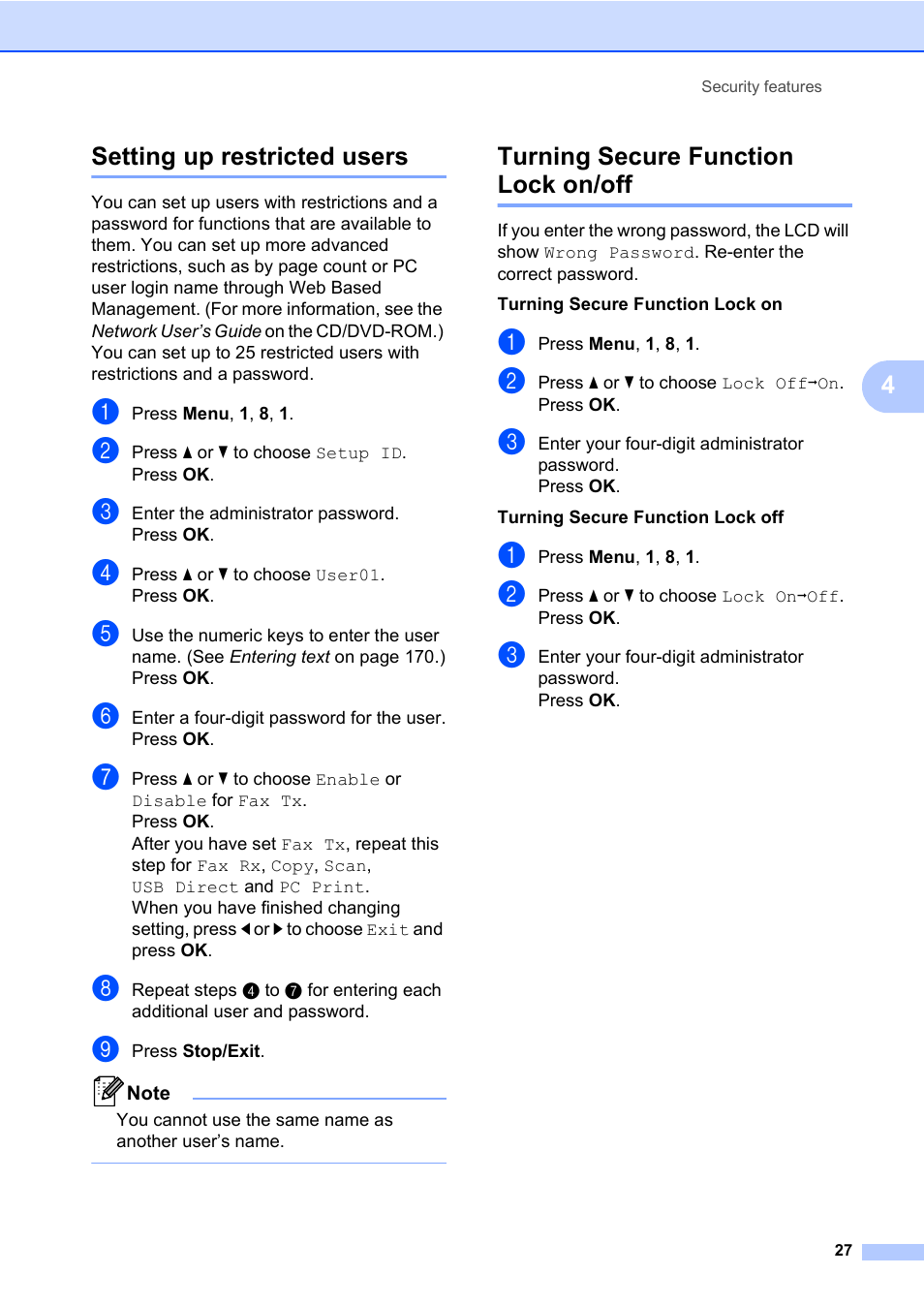 Setting up restricted users, Turning secure function lock on/off, 4setting up restricted users | Konica Minolta bizhub 20 User Manual | Page 36 / 203