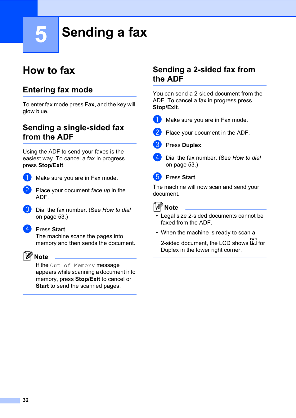 5 sending a fax, How to fax, Entering fax mode | Sending a single-sided fax from the adf, Sending a 2-sided fax from the adf, Sending a fax | Konica Minolta bizhub 20 User Manual | Page 41 / 203