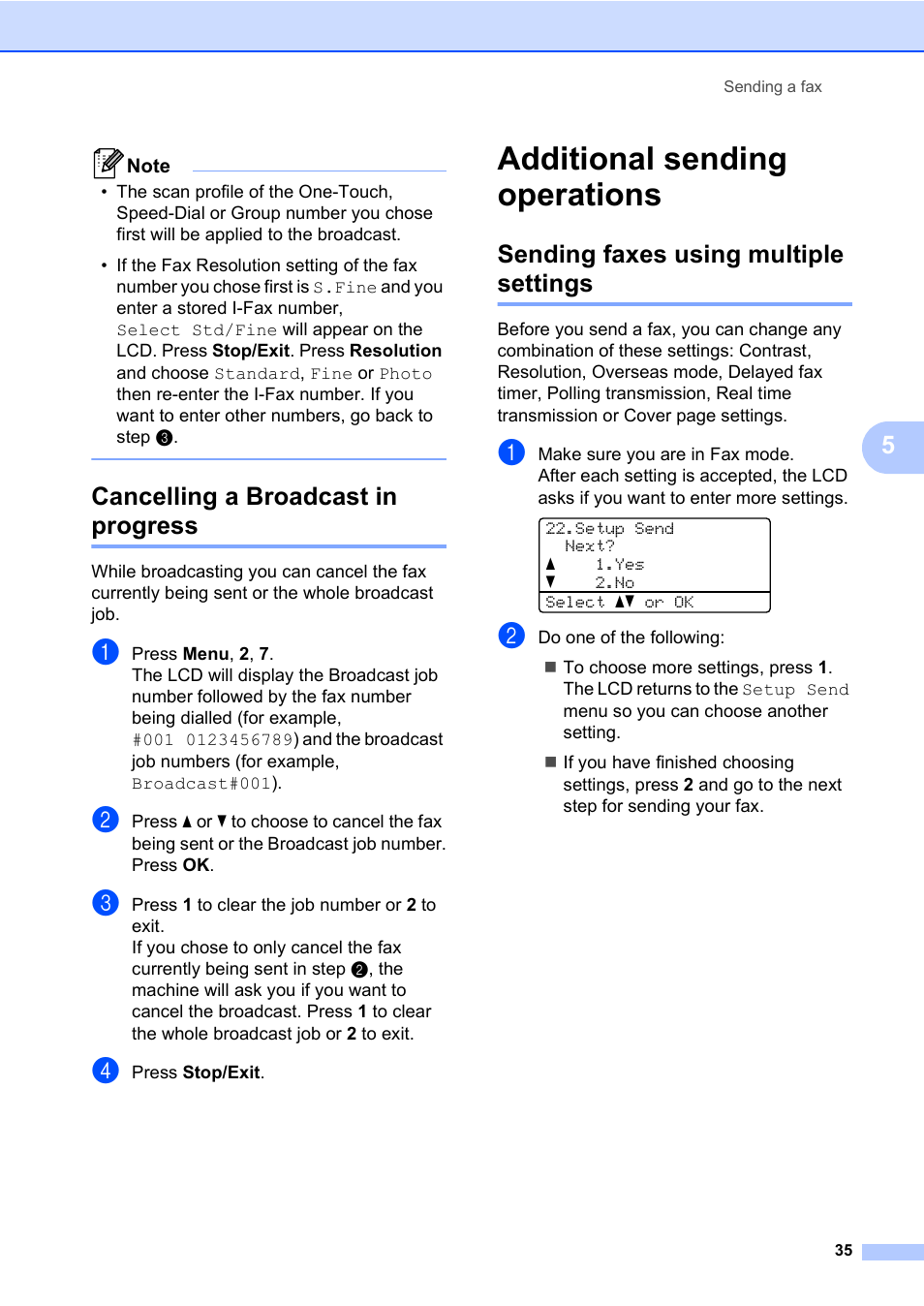 Cancelling a broadcast in progress, Additional sending operations, Sending faxes using multiple settings | Konica Minolta bizhub 20 User Manual | Page 44 / 203