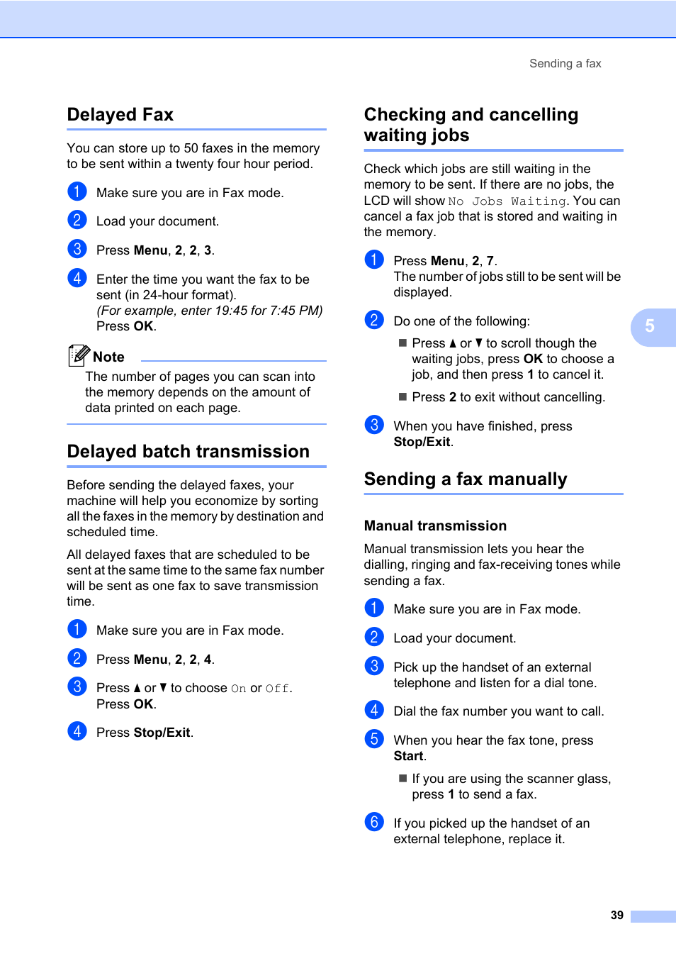 Delayed fax, Delayed batch transmission, Checking and cancelling waiting jobs | Sending a fax manually, 5delayed fax | Konica Minolta bizhub 20 User Manual | Page 48 / 203