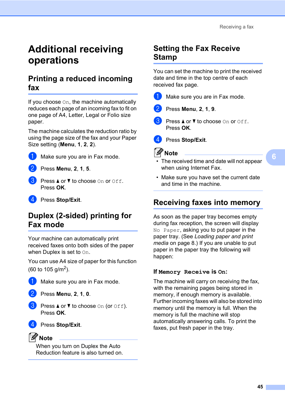 Additional receiving operations, Printing a reduced incoming fax, Duplex (2-sided) printing for fax mode | Setting the fax receive stamp, Receiving faxes into memory | Konica Minolta bizhub 20 User Manual | Page 54 / 203