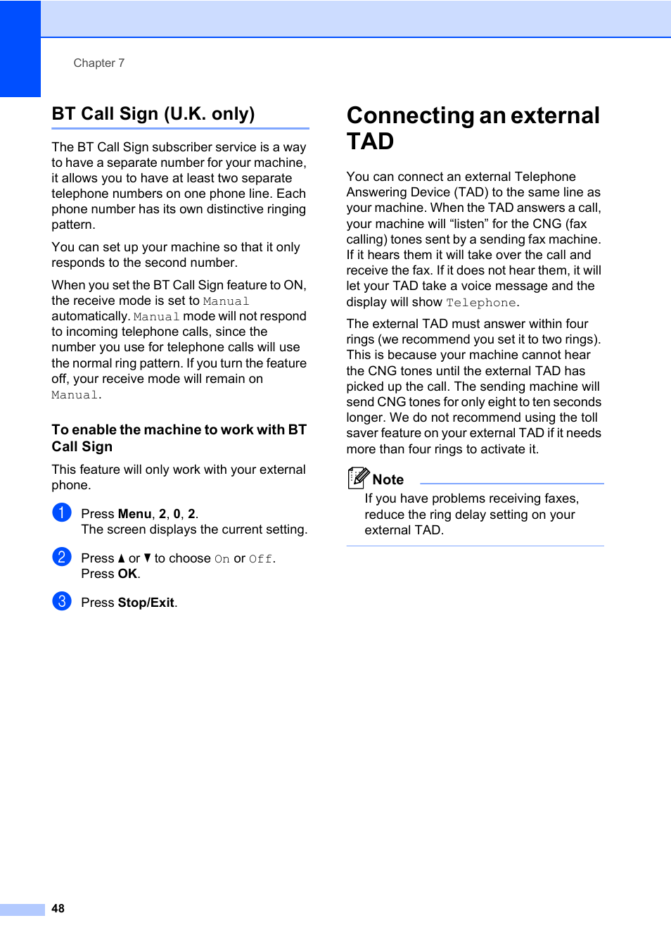 Bt call sign (u.k. only), Connecting an external tad | Konica Minolta bizhub 20 User Manual | Page 57 / 203