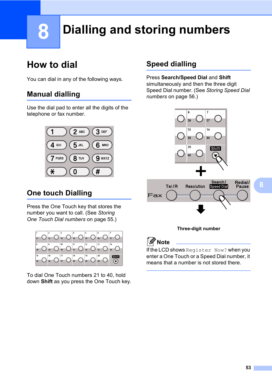 8 dialling and storing numbers, How to dial, Manual dialling | One touch dialling, Speed dialling, Dialling and storing numbers, Manual dialling one touch dialling speed dialling | Konica Minolta bizhub 20 User Manual | Page 62 / 203