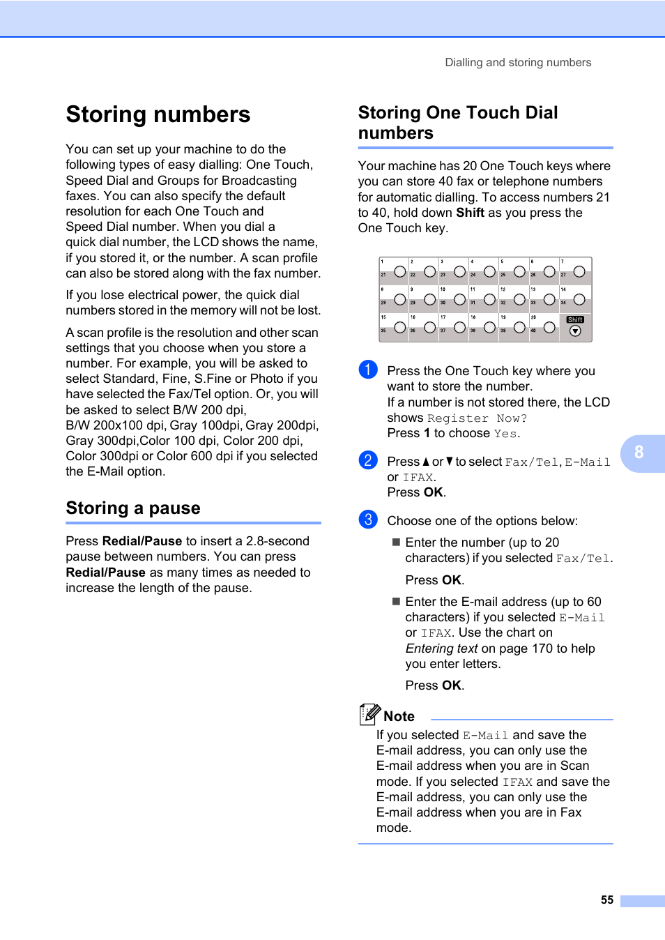 Storing numbers, Storing a pause, Storing one touch dial numbers | Storing a pause storing one touch dial numbers | Konica Minolta bizhub 20 User Manual | Page 64 / 203