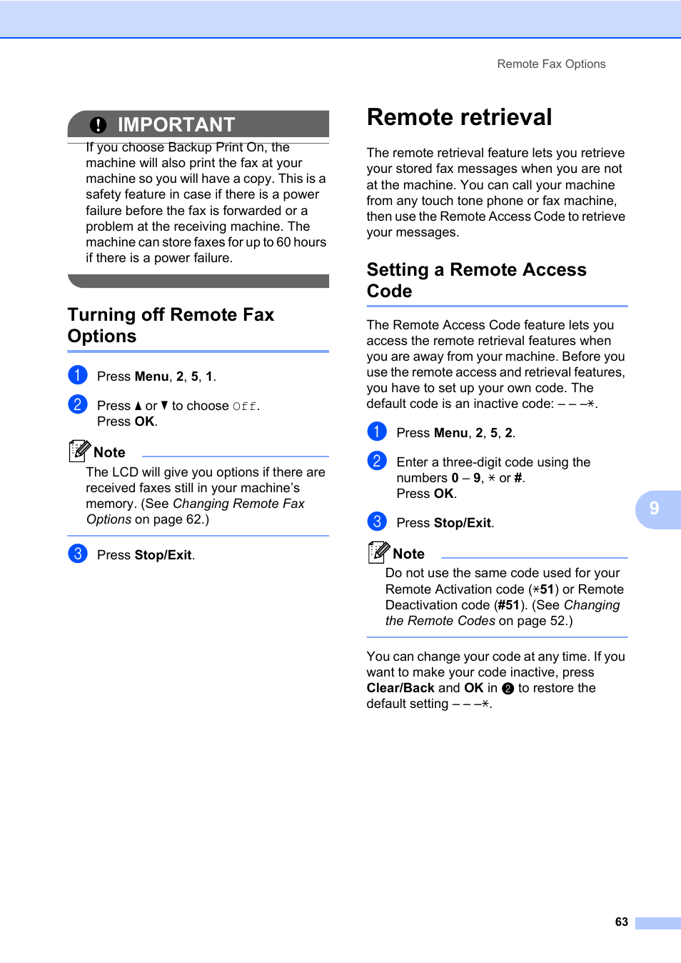 Turning off remote fax options, Remote retrieval, Setting a remote access code | Important | Konica Minolta bizhub 20 User Manual | Page 72 / 203