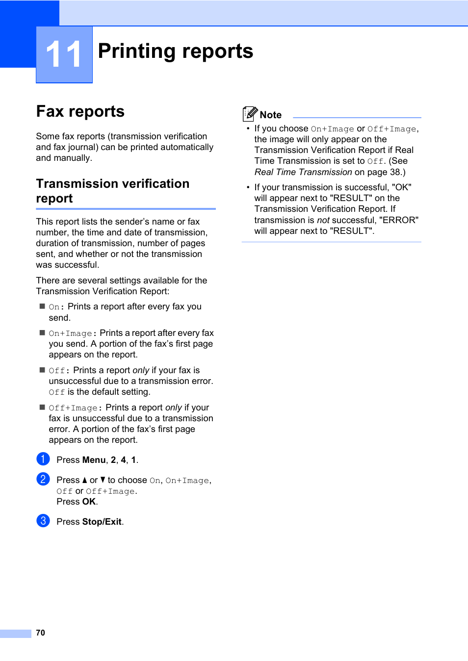 11 printing reports, Fax reports, Transmission verification report | Printing reports | Konica Minolta bizhub 20 User Manual | Page 79 / 203