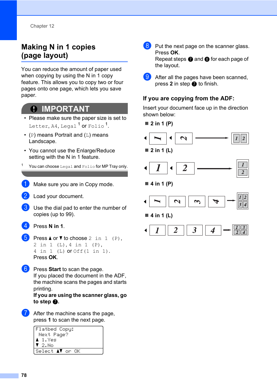 Important, Making n in 1 copies (page layout) | Konica Minolta bizhub 20 User Manual | Page 87 / 203