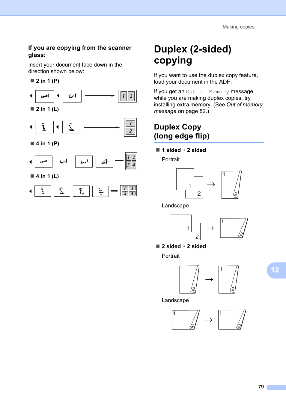 Duplex (2-sided) copying, Duplex copy (long edge flip), If you are copying from the scanner glass | Konica Minolta bizhub 20 User Manual | Page 88 / 203