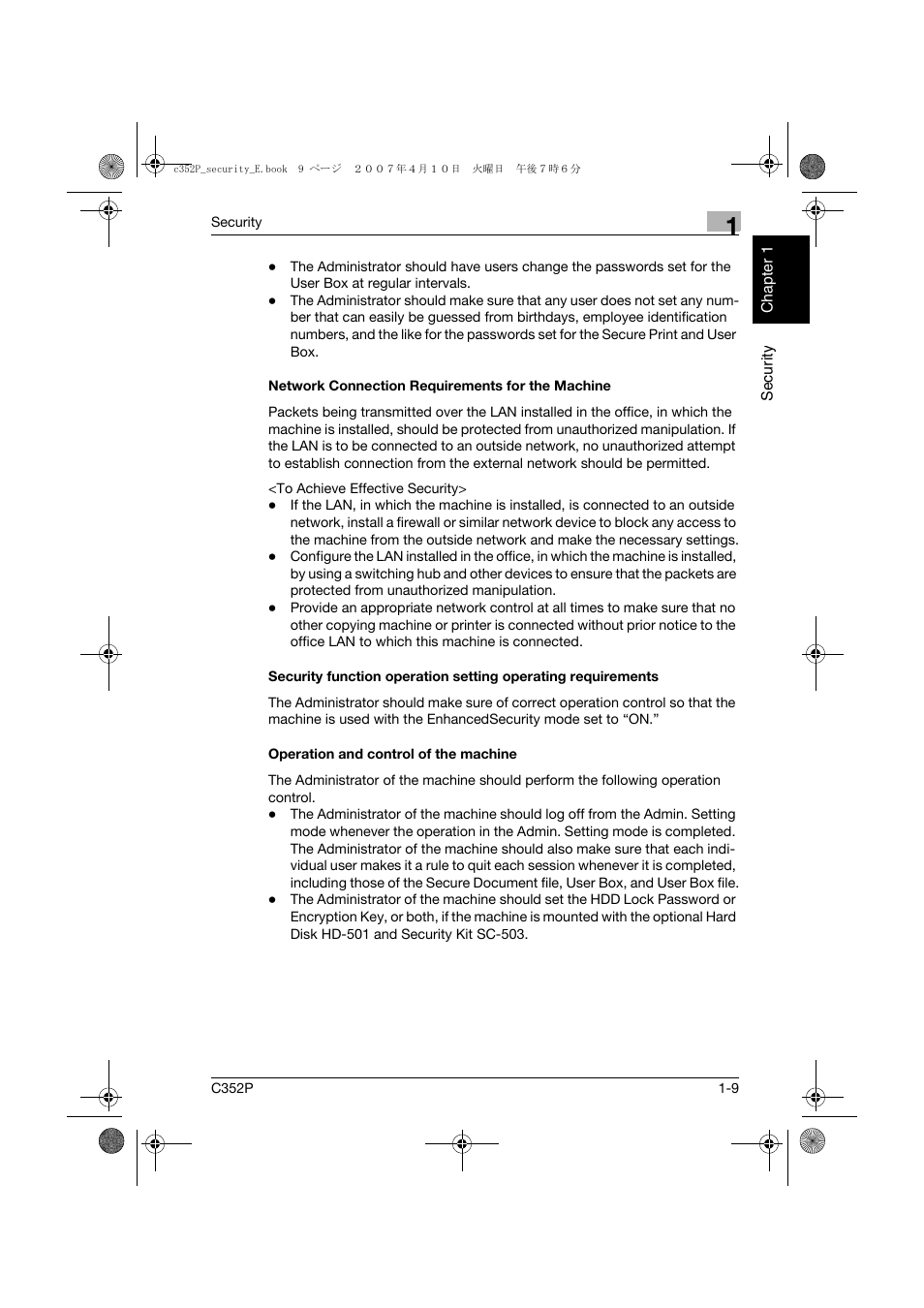 Network connection requirements for the machine, Operation and control of the machine | Konica Minolta bizhub C352P User Manual | Page 14 / 108