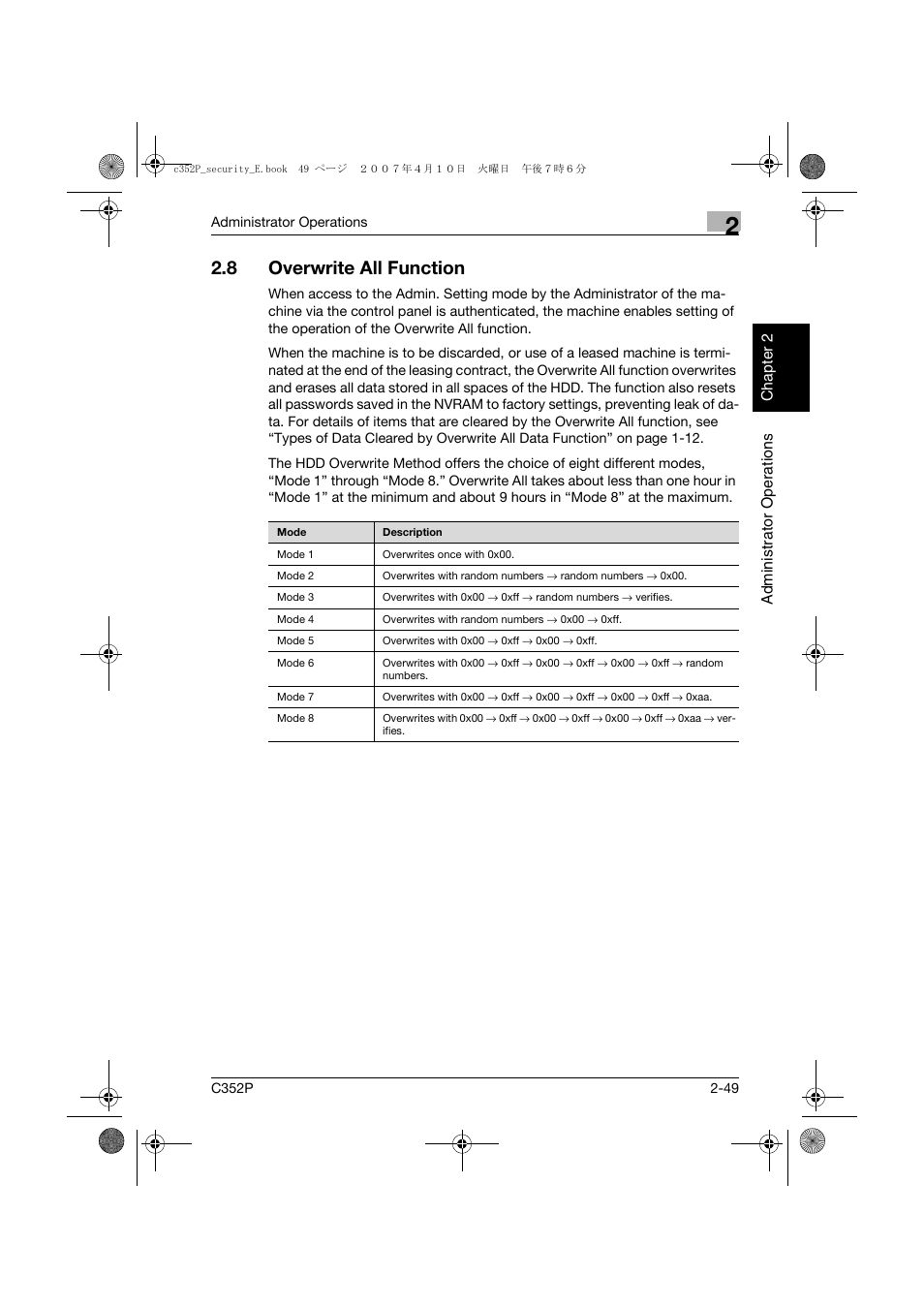 8 overwrite all function, Overwrite all function -49 | Konica Minolta bizhub C352P User Manual | Page 66 / 108