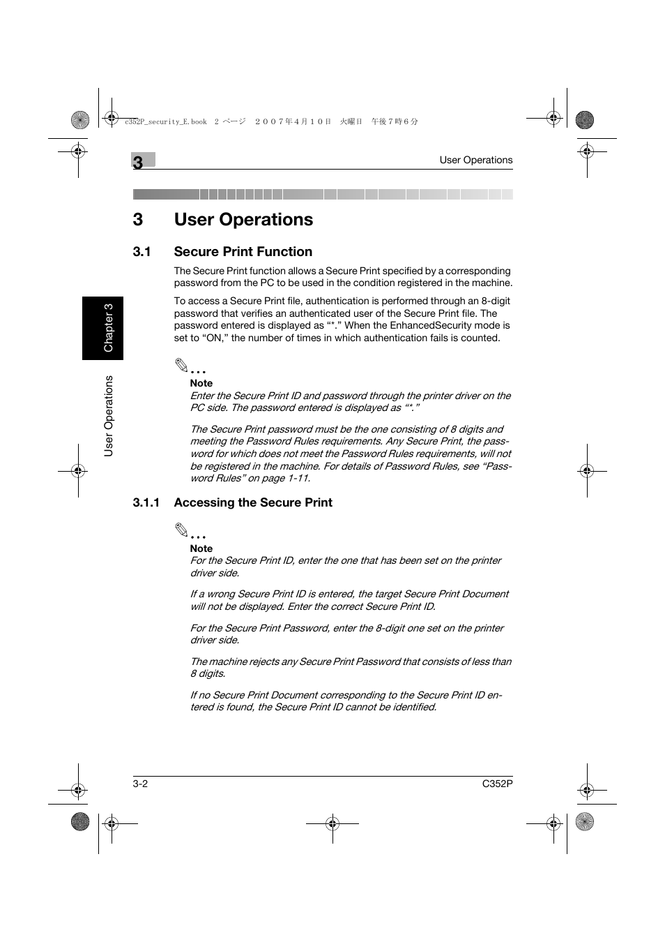 1 secure print function, 1 accessing the secure print, User operations | Secure print function -2, Accessing the secure print -2, 3user operations | Konica Minolta bizhub C352P User Manual | Page 87 / 108
