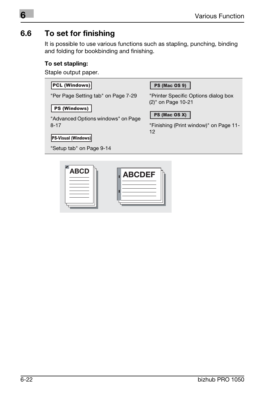 6 to set to finishing, 6 to set for finishing, Abcdef | Konica Minolta BIZHUB PRO 1050 User Manual | Page 119 / 399