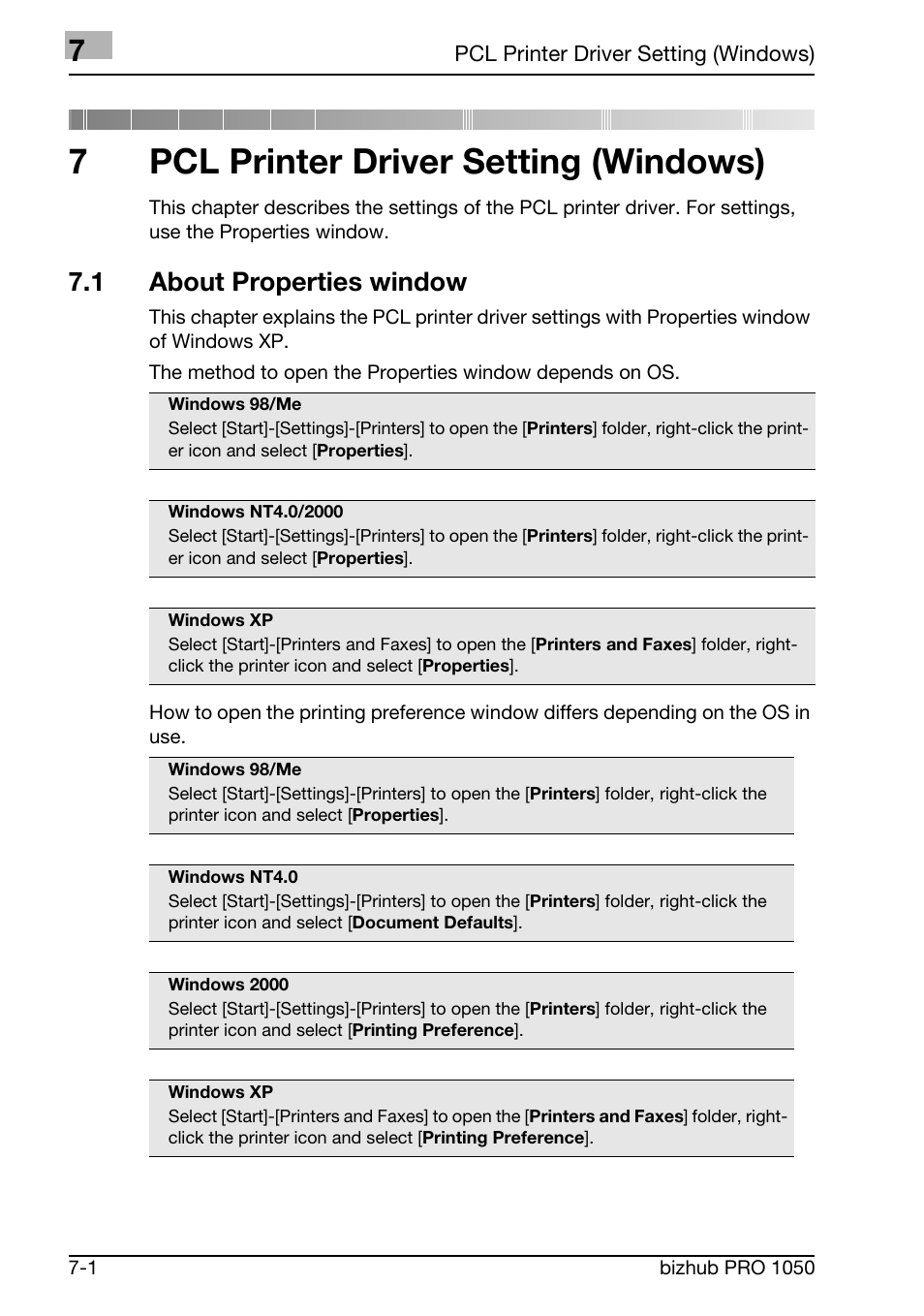 Pcl printer driver setting (windows), 1 about properites window, 7pcl printer driver setting (windows) | 1 about properties window | Konica Minolta BIZHUB PRO 1050 User Manual | Page 130 / 399