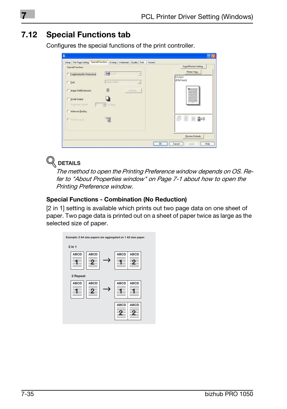 12 special functions tab, Pcl printer driver setting (windows) | Konica Minolta BIZHUB PRO 1050 User Manual | Page 164 / 399