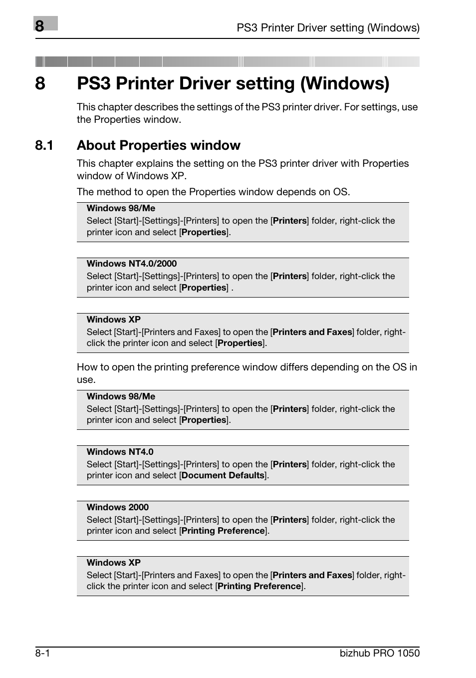 Ps3 printer driver setting (windows), 1 about properties window, 8ps3 printer driver setting (windows) | Konica Minolta BIZHUB PRO 1050 User Manual | Page 184 / 399