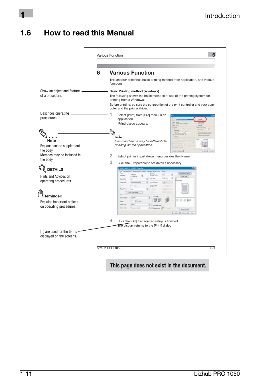 6 how to read this manual, Introduction, This page does not exist in the document | 6various function | Konica Minolta BIZHUB PRO 1050 User Manual | Page 19 / 399