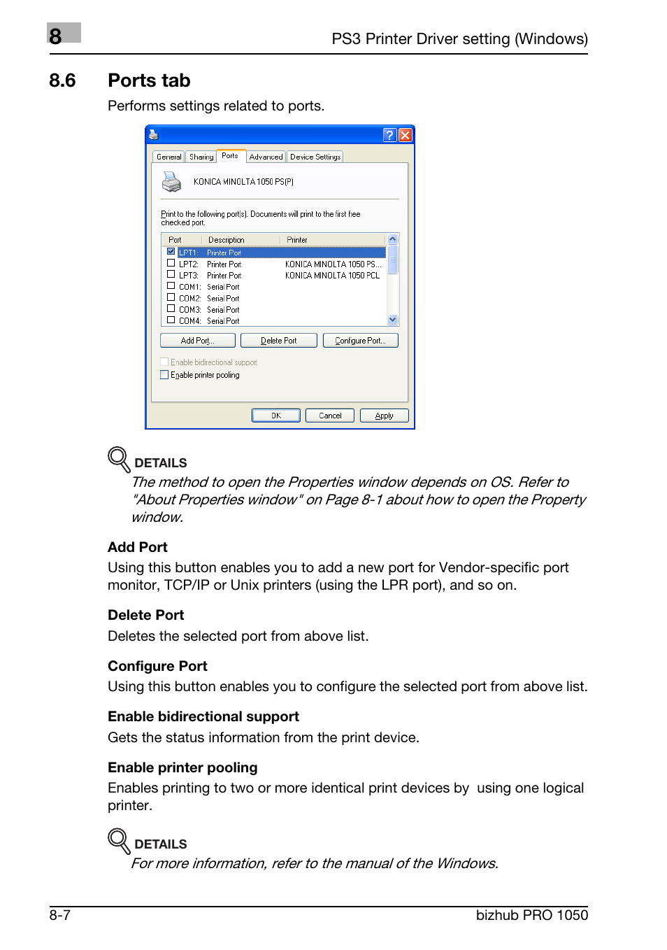 6 ports tab | Konica Minolta BIZHUB PRO 1050 User Manual | Page 190 / 399