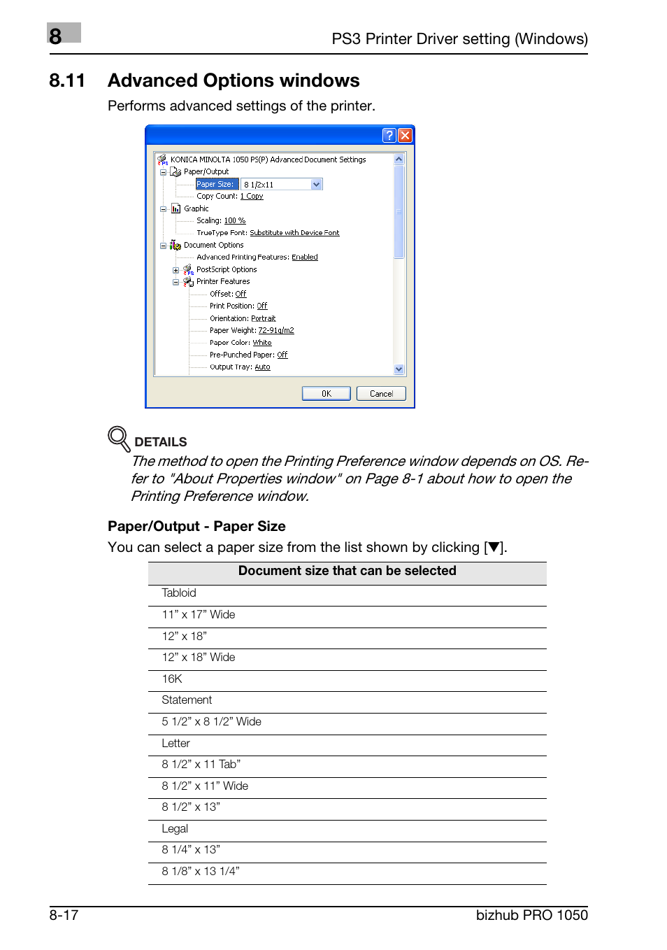 11 advnaced options window, 11 advanced options windows | Konica Minolta BIZHUB PRO 1050 User Manual | Page 200 / 399