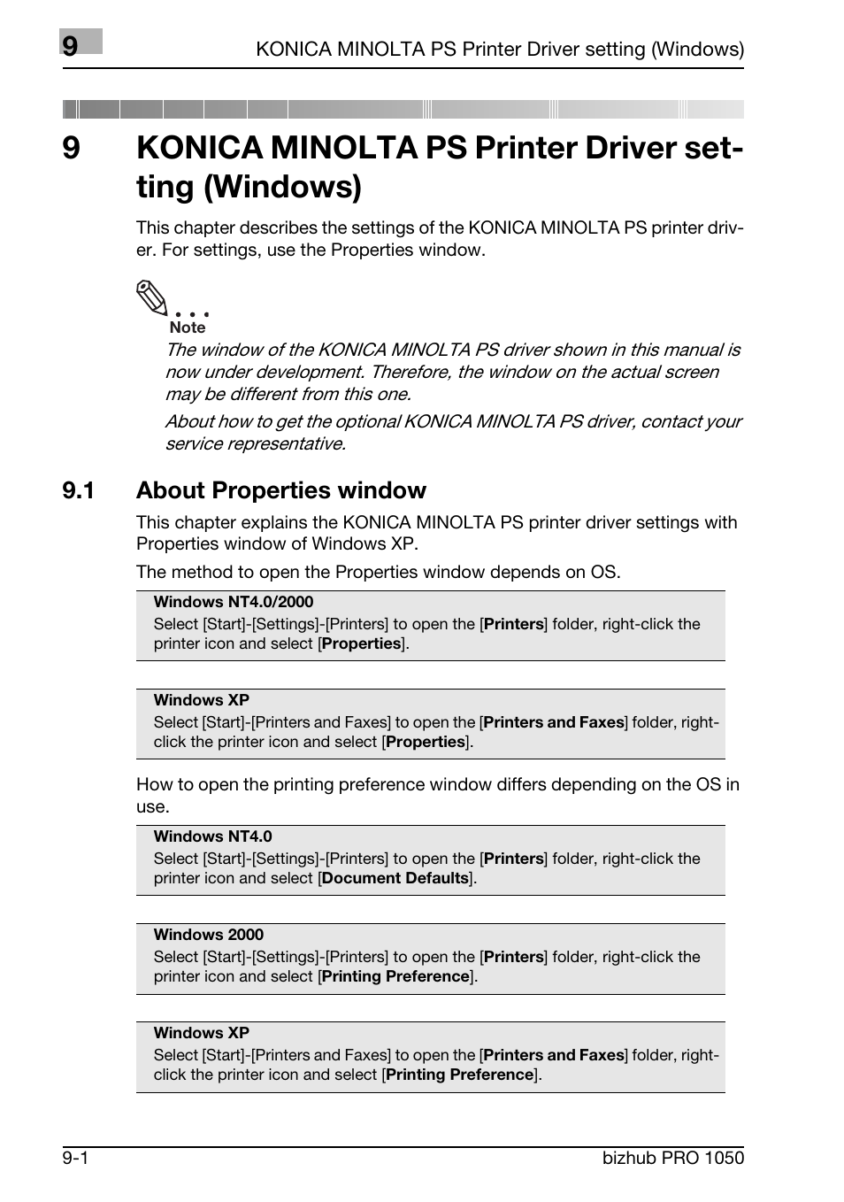 Konica minolta ps printer driver setting (windows, 1 about properties window | Konica Minolta BIZHUB PRO 1050 User Manual | Page 213 / 399