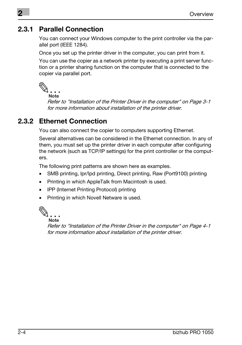 1 parallel connection, 2 ethernet connection | Konica Minolta BIZHUB PRO 1050 User Manual | Page 25 / 399