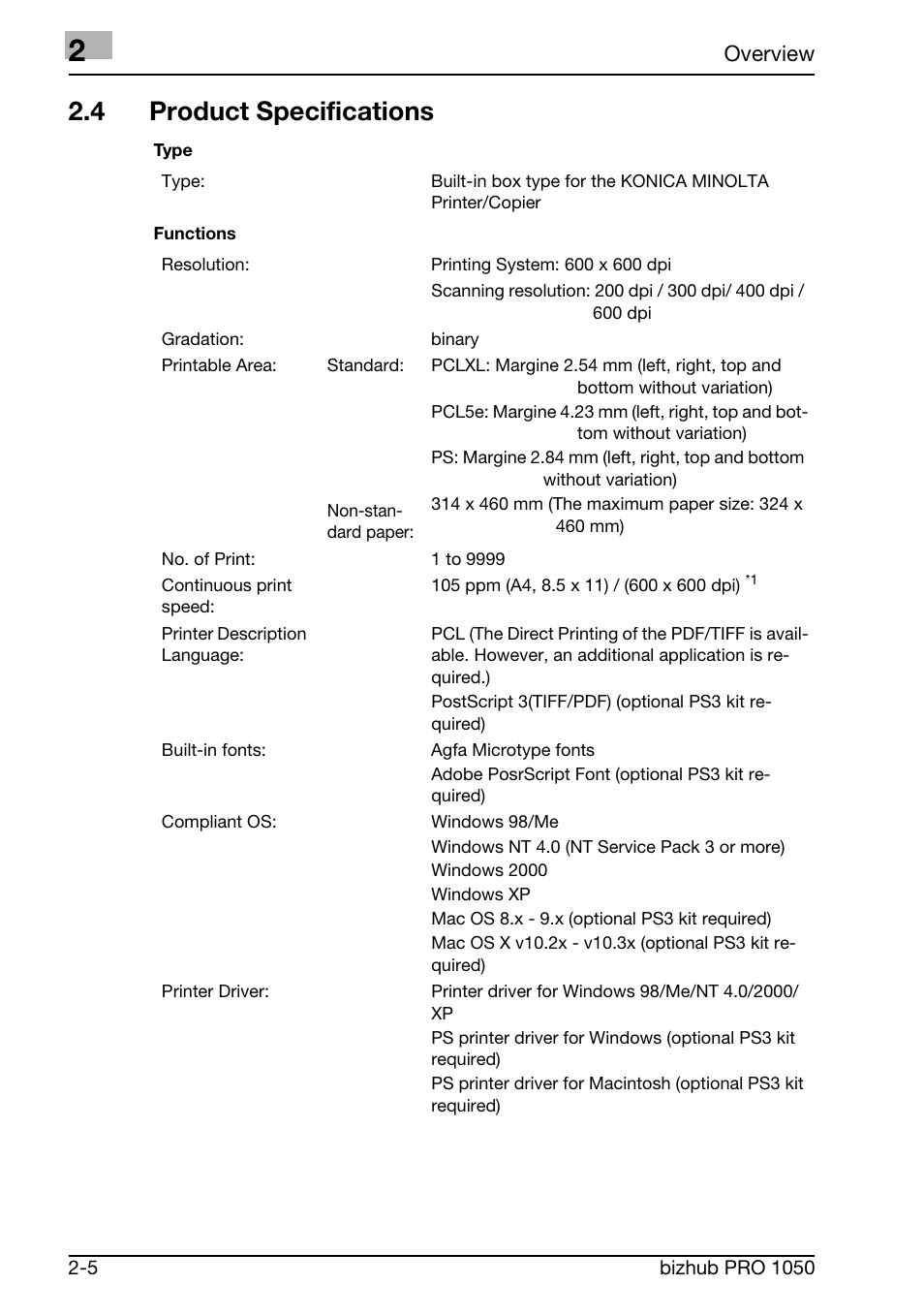 4 product specifications | Konica Minolta BIZHUB PRO 1050 User Manual | Page 26 / 399